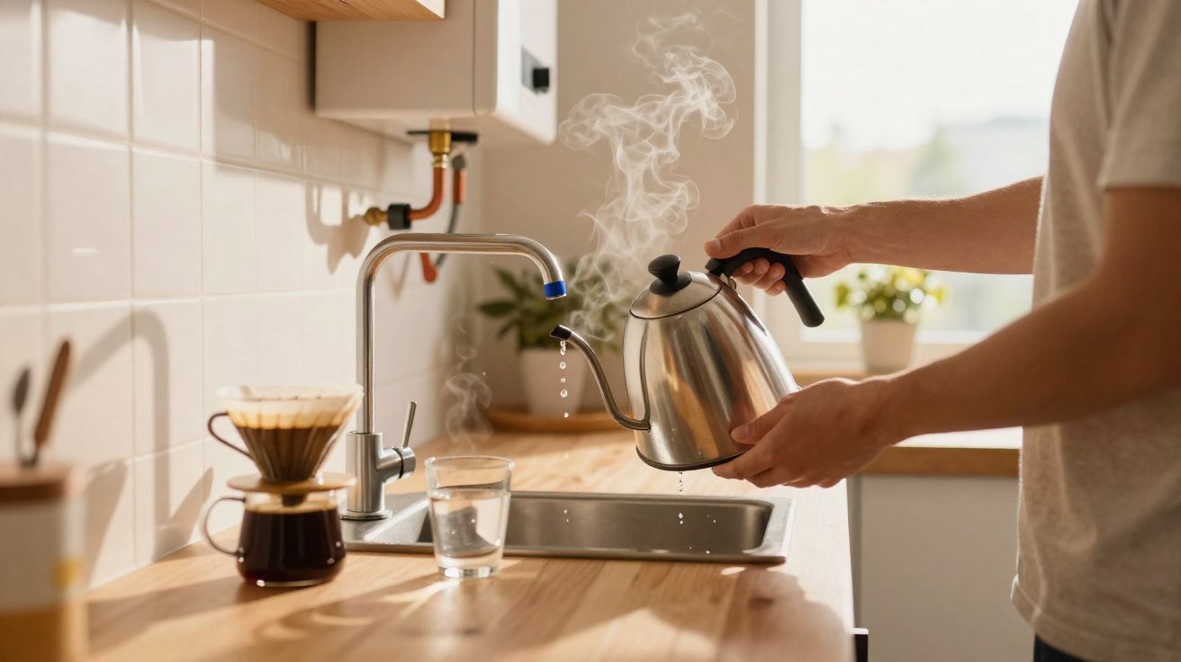 Pessoa segurando chaleira de metal com vapor e pingando água em cozinha iluminada e moderna.