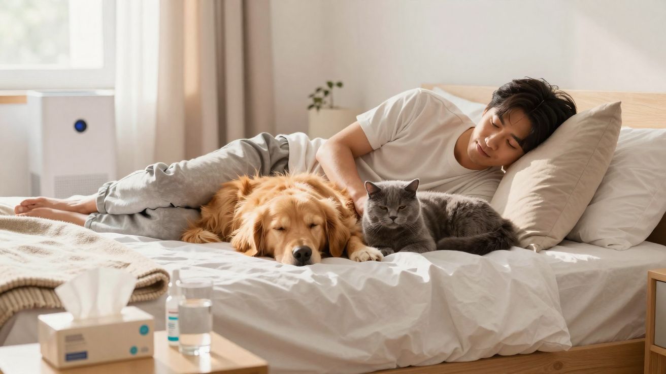 Jovem deitado na cama com cachorro dourado e gato cinza juntos em ambiente claro e confortável.