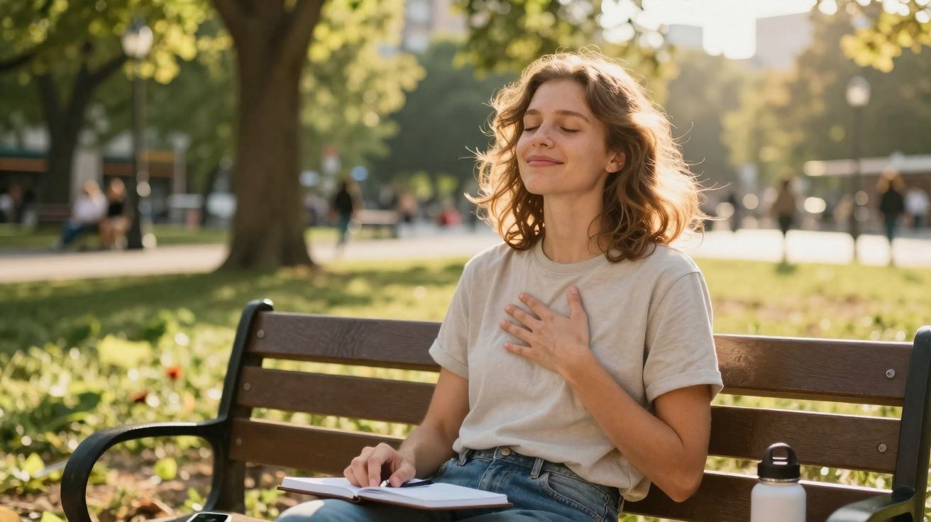 Mulher sentada em banco de parque com livro aberto, de olhos fechados e mão no peito, em momento de paz.