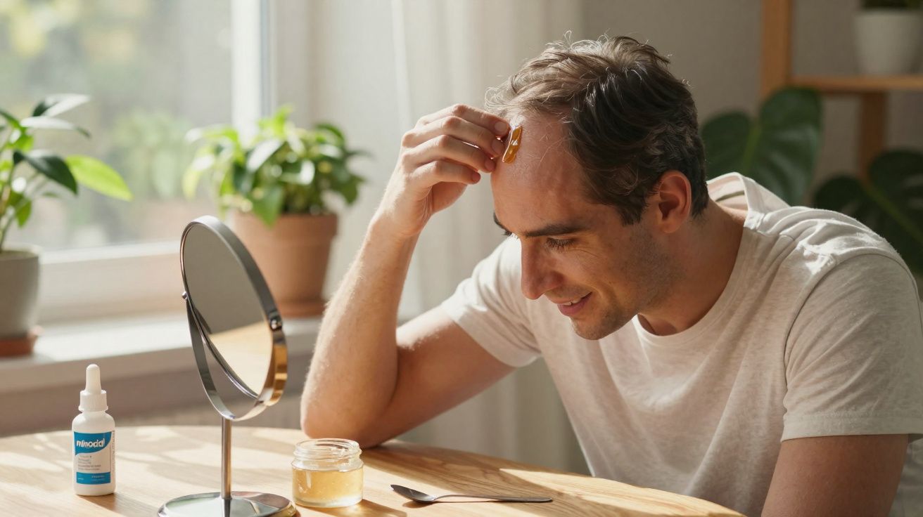 Homem aplicando óleo no couro cabeludo sentado em mesa com espelho e plantas ao fundo.
