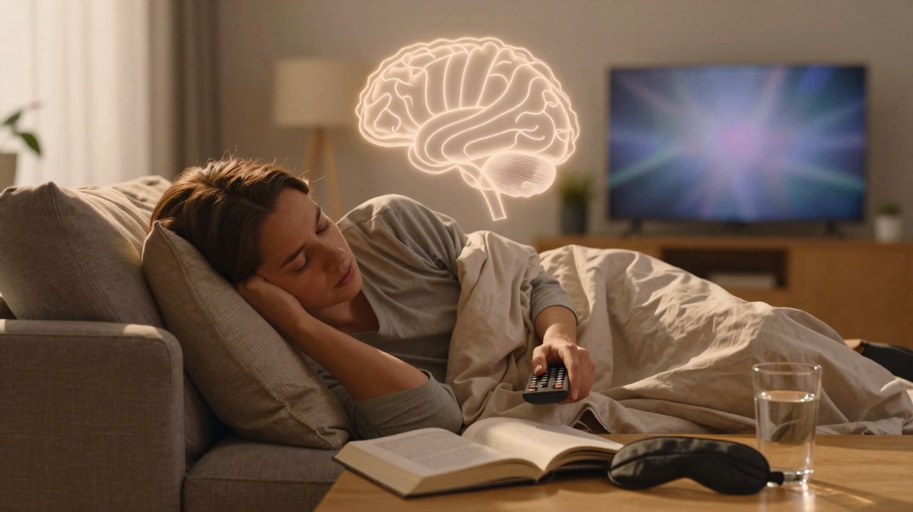 Mulher deitada no sofá com controle remoto, livro aberto e ilustração digital de cérebro brilhante acima dela.