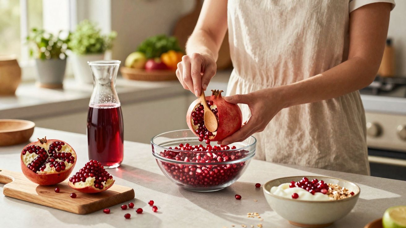 Pessoa retirando sementes de romã em tigela de vidro na cozinha iluminada pelo sol.