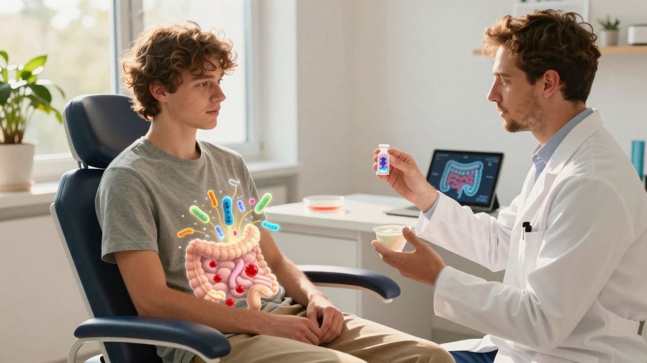 Jovem sentado em consulta médica com ilustração do intestino e bactérias sobreposto à barriga.