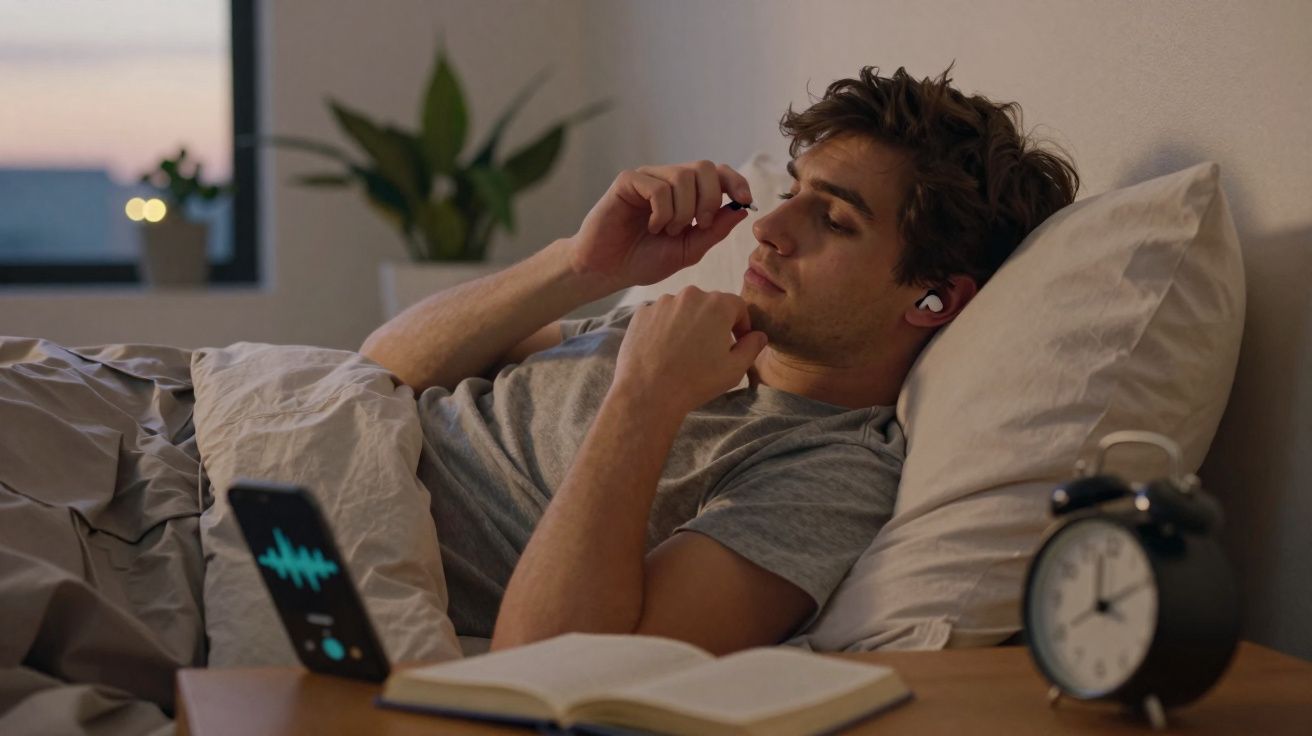 Homem deitado na cama à noite, tirando fone de ouvido, com celular, livro e relógio ao lado.
