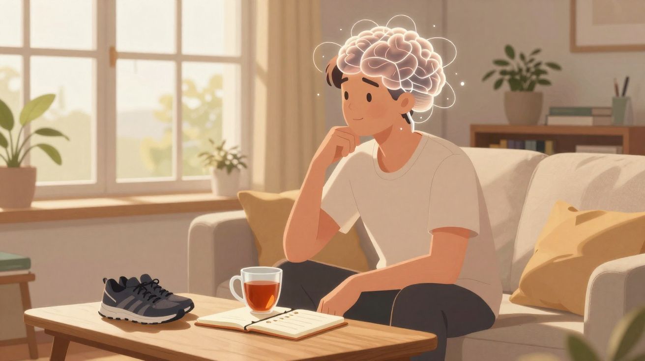 Pessoa sentada no sofá pensando, com ilustração brilhante de cérebro sobre a cabeça, mesa com tênis, chá e caderno.