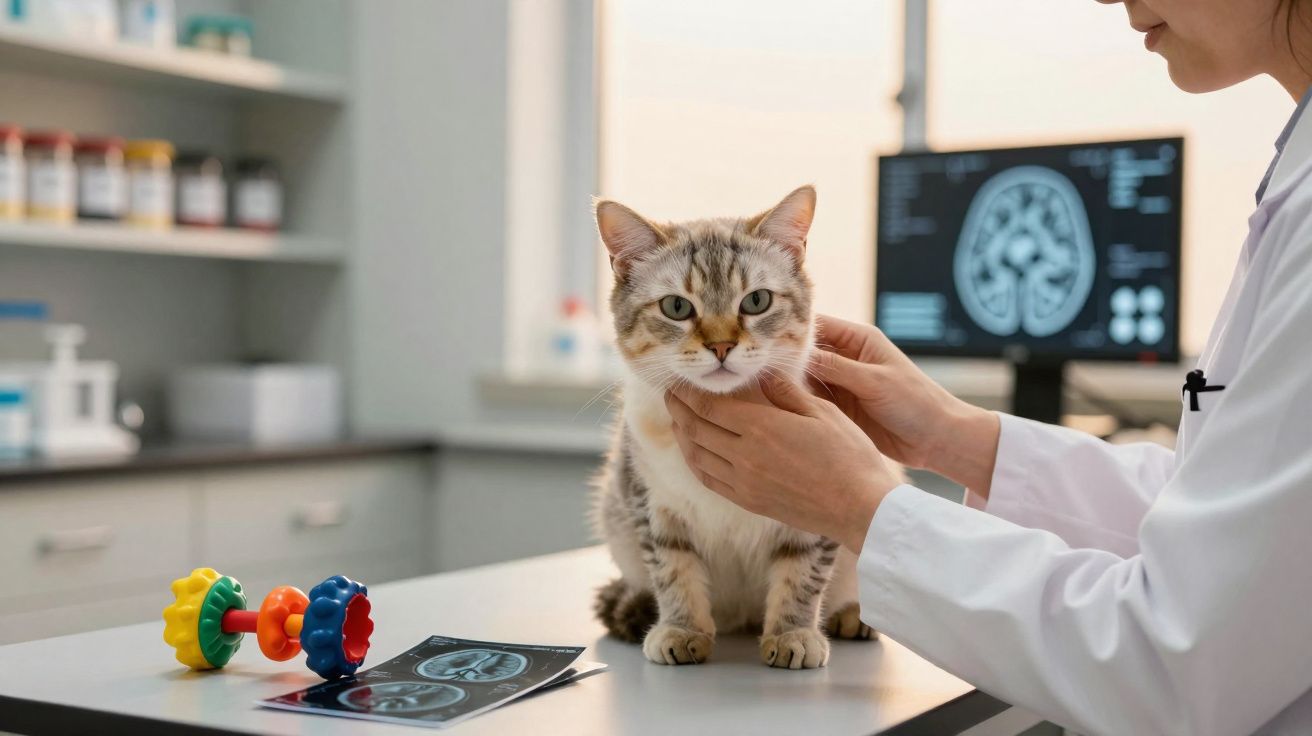 Veterinária examina gato em clínica com imagens de cérebro no computador ao fundo.