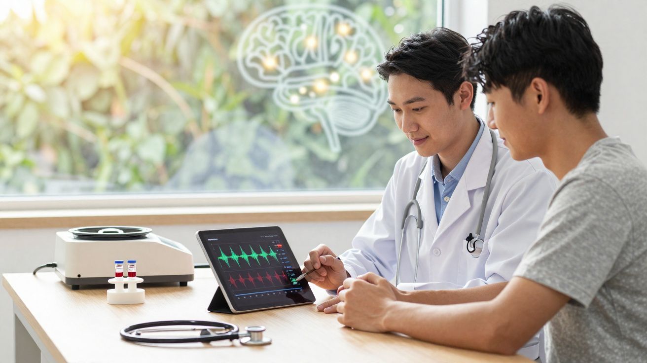 Médico mostrando exames cardíacos em tablet para paciente em consulta médica, com equipamentos na mesa.