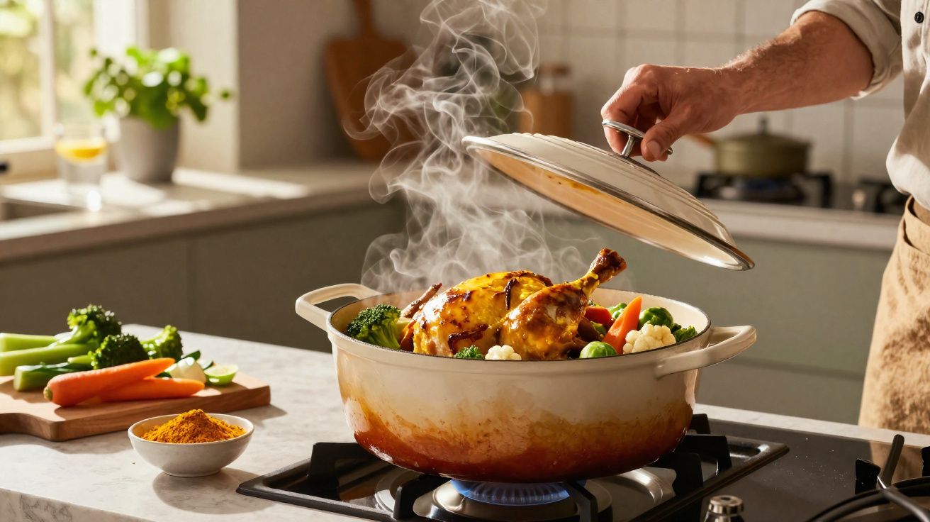 Panela com frango assado e legumes sendo destampada em fogão a gás na cozinha.