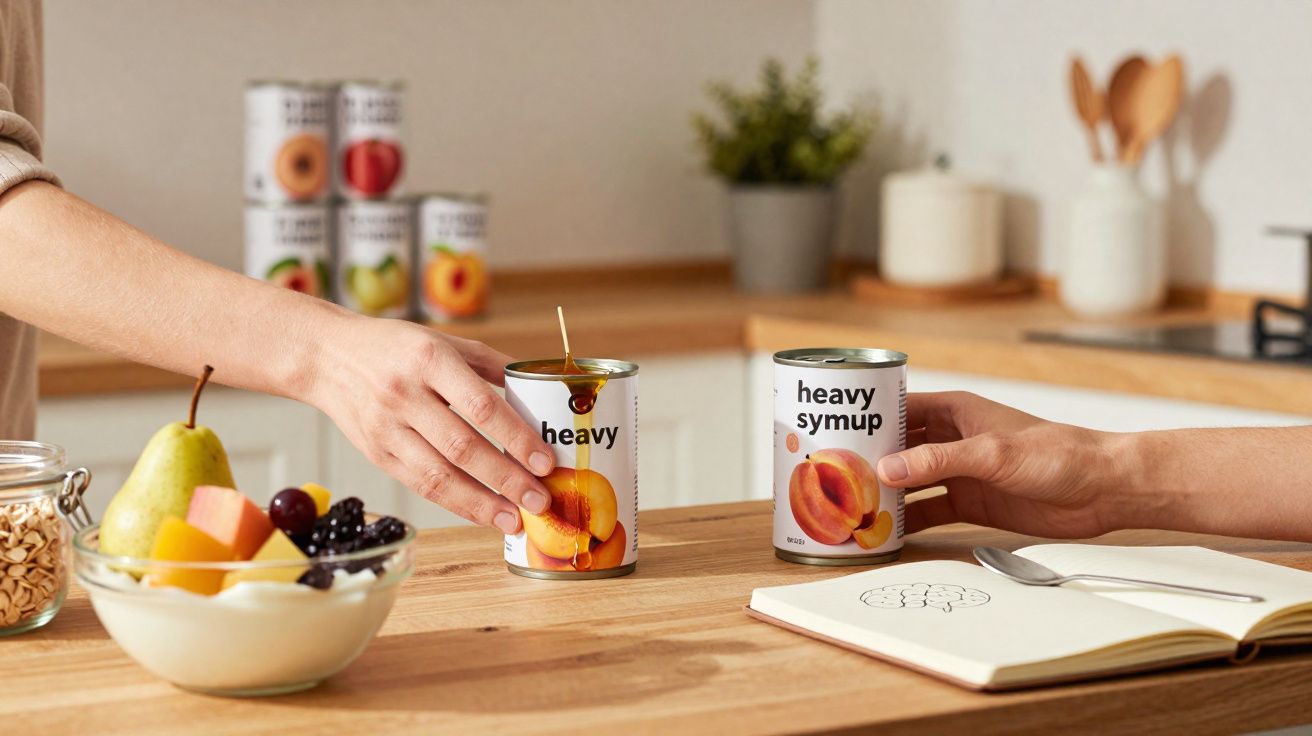 Duas pessoas seguram latas de pêssego em calda sobre mesa de madeira em cozinha moderna.