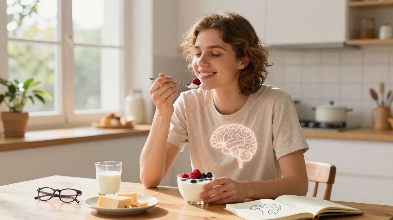 Mulher sorridente comendo frutas vermelhas em iogurte na cozinha iluminada pela luz natural.