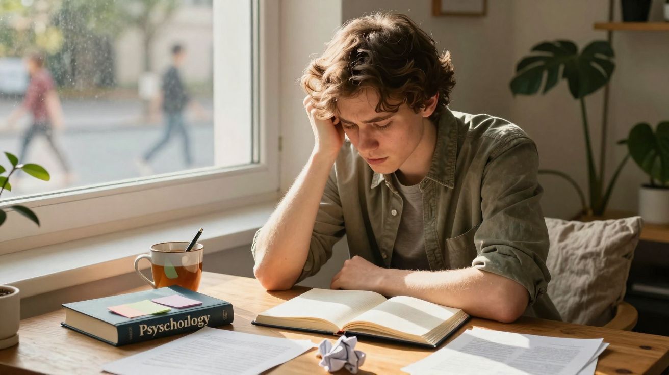 Jovem estudando concentrado em mesa com livros, papéis e xícara, ao lado de janela iluminada.