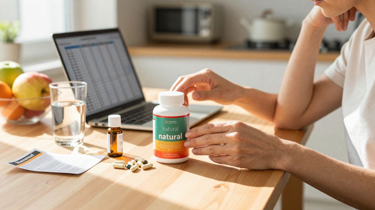 Pessoa segurando frasco de suplementos naturais, com computador, remédios e frutas na mesa de madeira.