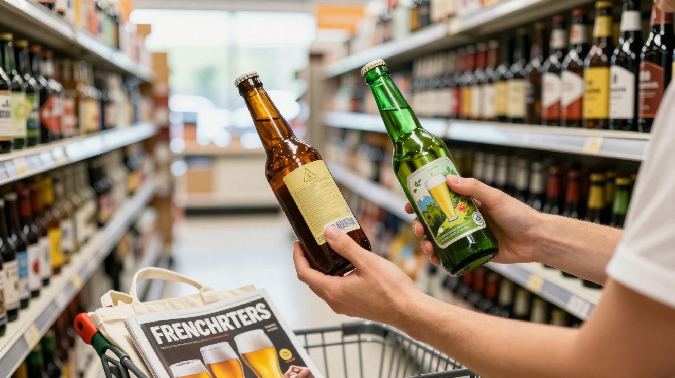Pessoa segurando garrafas de cerveja para escolher na prateleira do supermercado, carrinho com revista de cerveja.