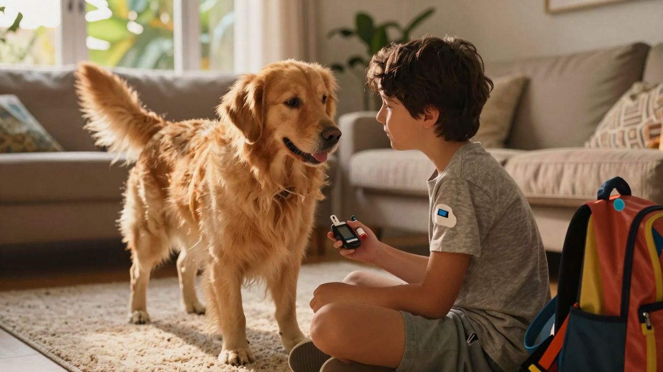 Menino sentado no chão brinca com cachorro golden retriever dentro de sala iluminada.
