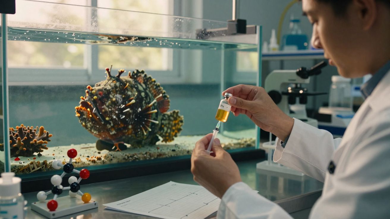 Pesquisador prepara injeção em laboratório com aquário contendo peixe ornamentado e microscópio ao fundo.