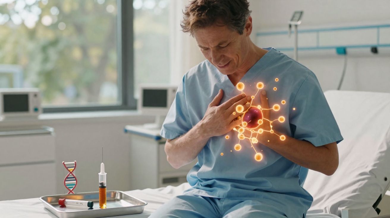 Homem sentado em hospital com expressão de dor no peito e ilustração digital de célula e molécula sobreposta.