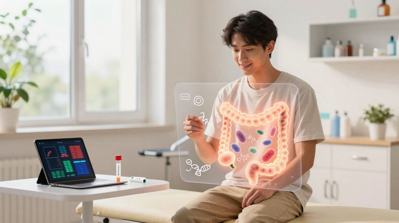 Homem sorridente sentado em clínica com holograma do intestino e bactérias visíveis à frente.