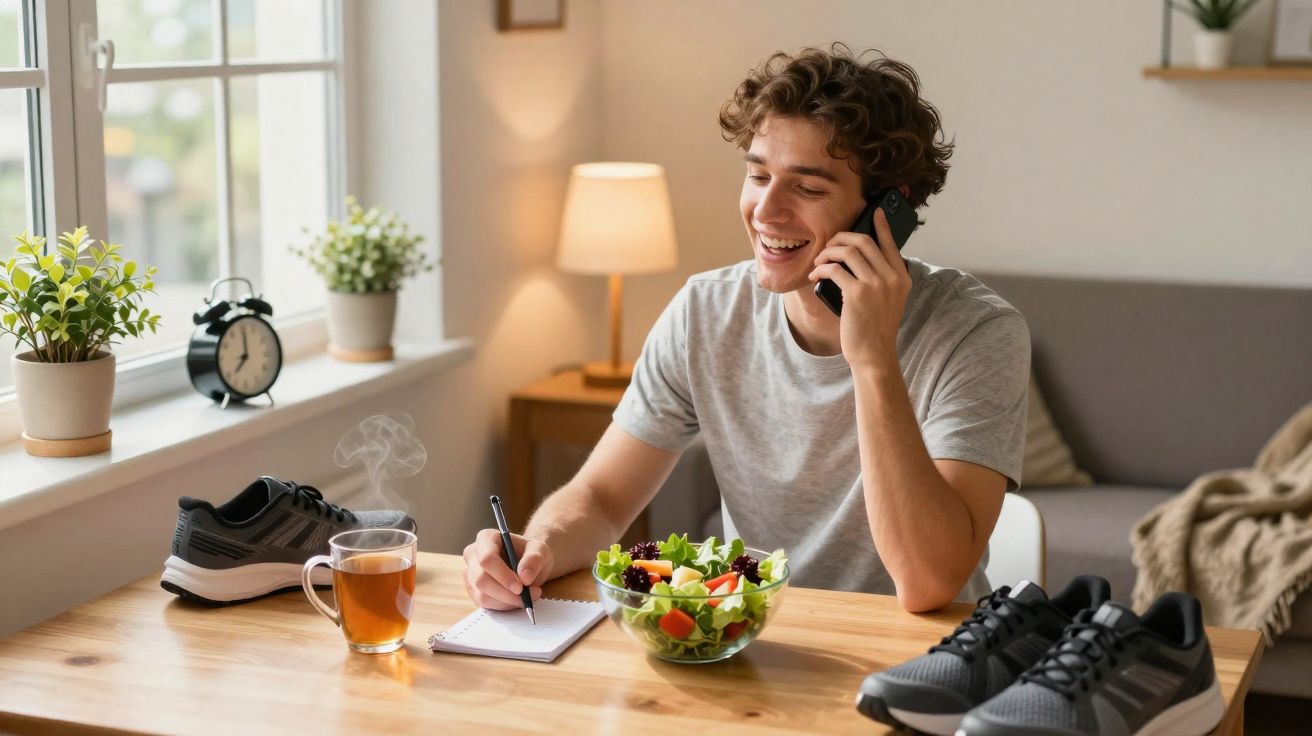Jovem sorridente fala ao telefone enquanto anota algo, com salada, chá e tênis na mesa.
