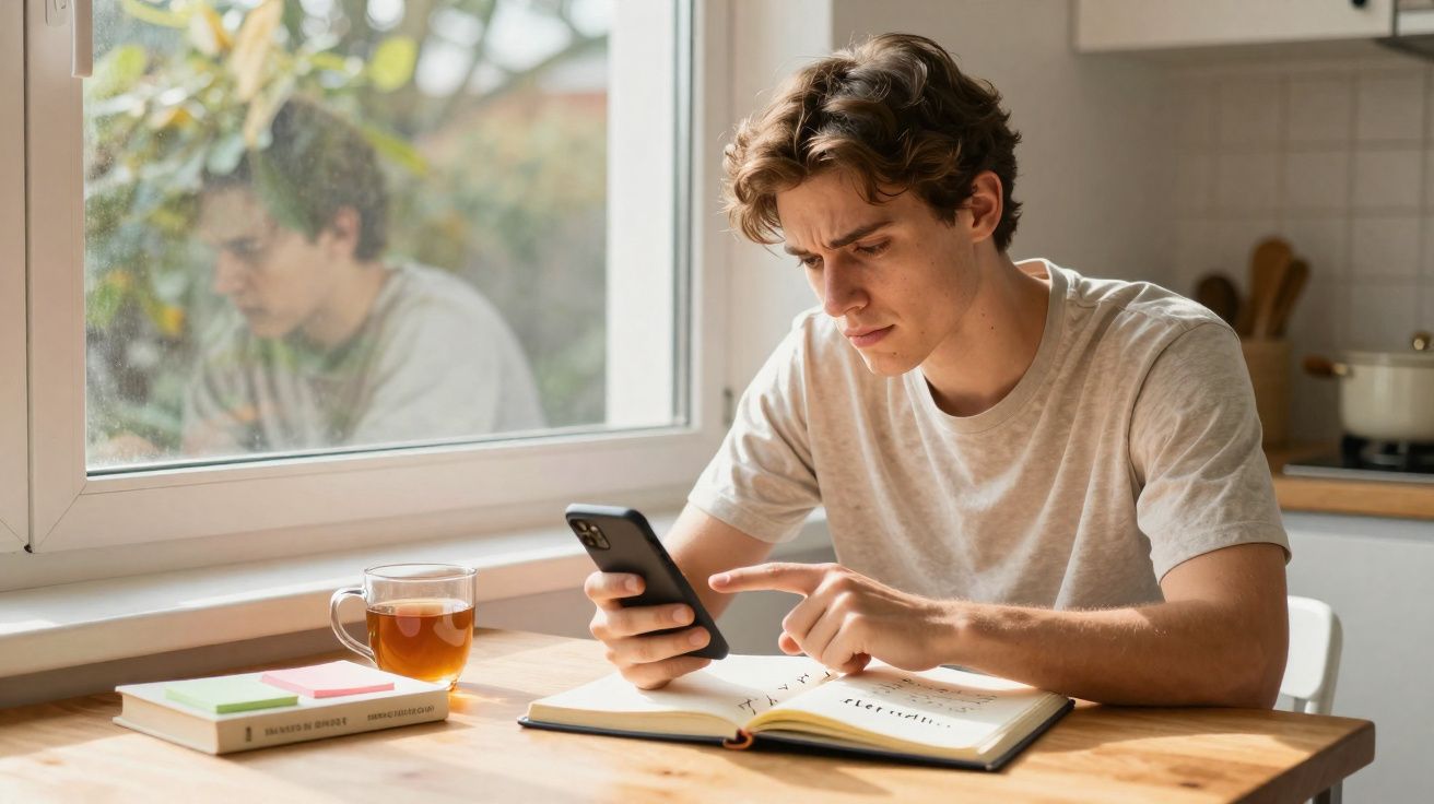 Jovem sentado à mesa, olhando para o celular com caderno aberto e xícara de chá ao lado, perto da janela.