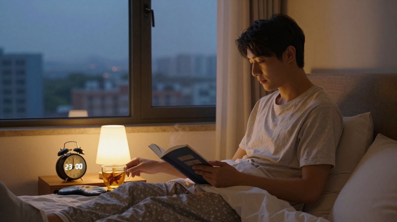Jovem sentado na cama lendo um livro, com iluminação suave de abajur e relógio marcando 23:00.