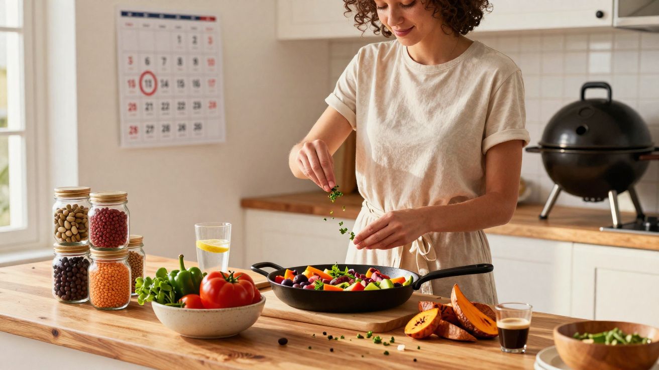 Mulher temperando legumes em frigideira na cozinha com alimentos frescos sobre a bancada de madeira.