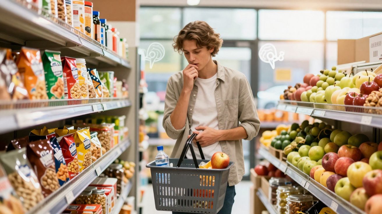 Jovem indeciso fazendo compras no corredor de frutas e petiscos de um supermercado.