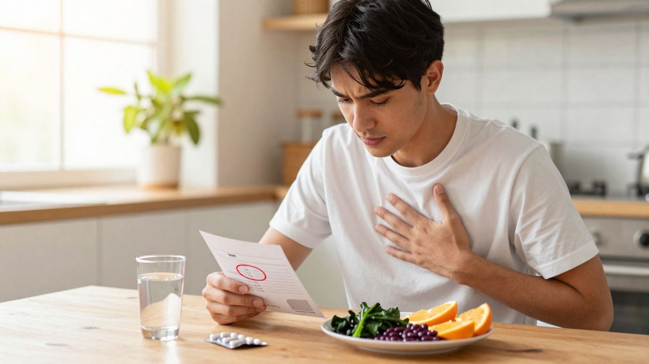Homem sentindo dor no peito enquanto lê bula de remédio na cozinha à mesa com comida e água.