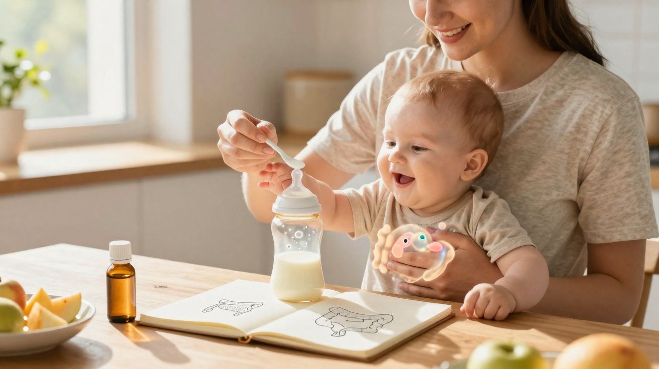 Mãe alimenta bebê com colher enquanto segura brinquedo, sentados à mesa com livro de desenhos aberto.