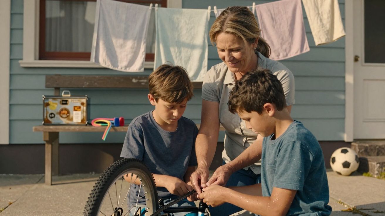 Mulher e dois meninos consertando bicicleta na calçada de casa em um dia ensolarado.