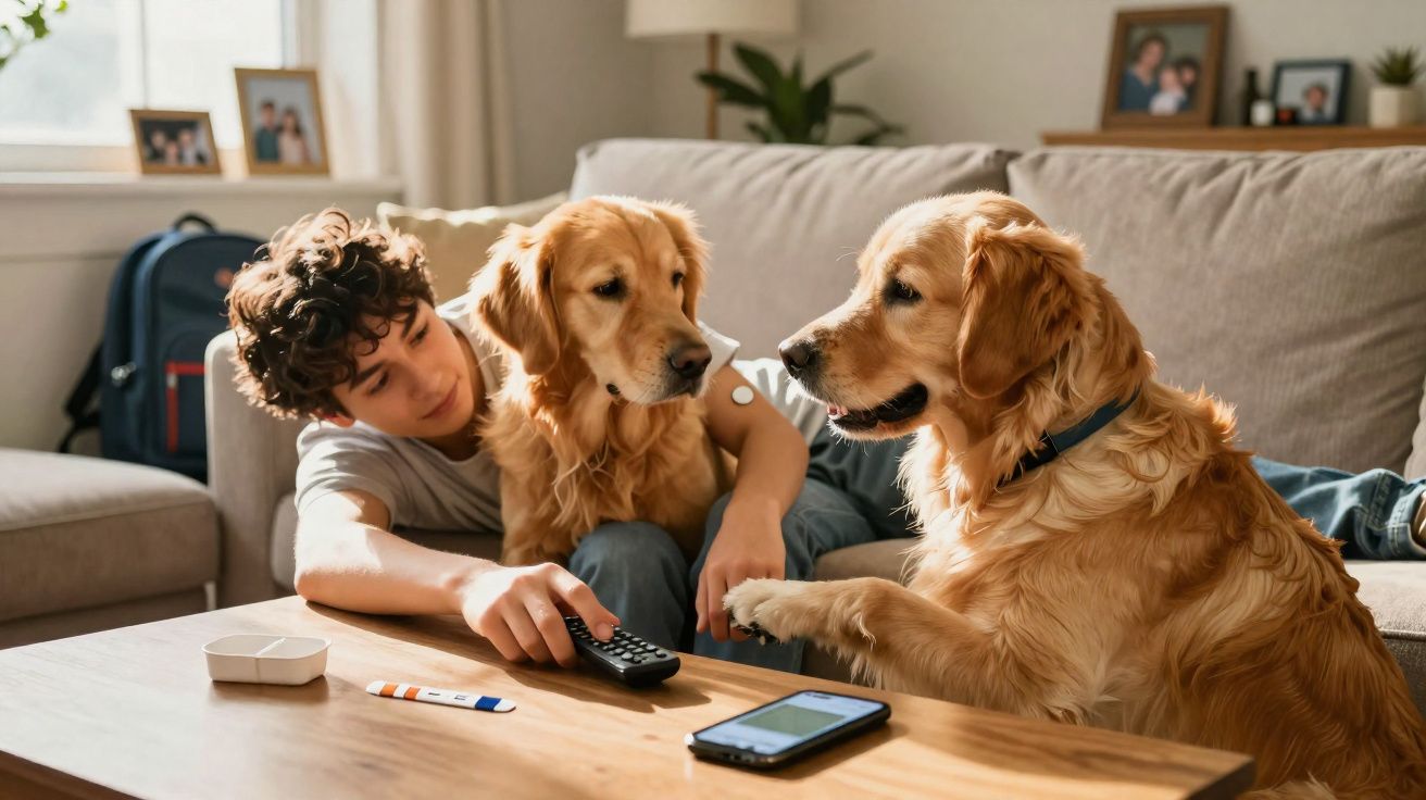 Menino sentado no sofá brinca com dois cães golden retriever em sala iluminada durante o dia.