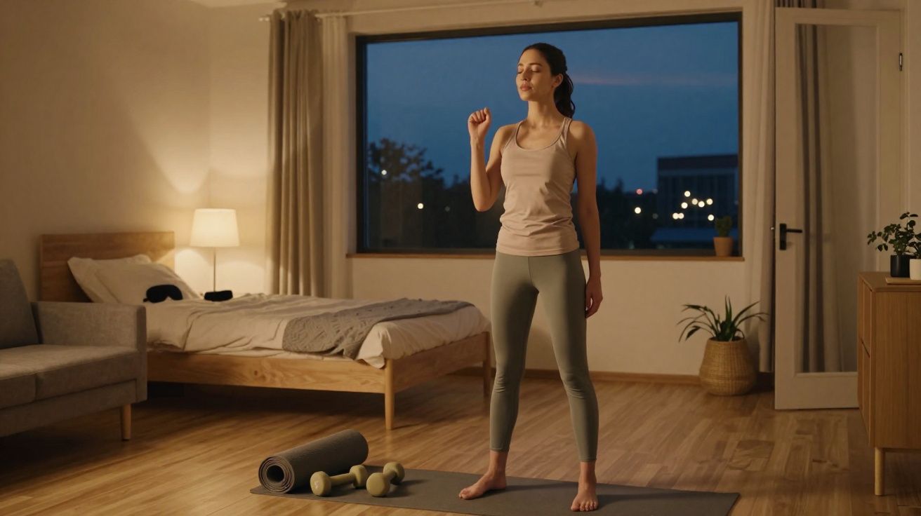 Mulher em roupa de yoga pratica exercícios em tapete dentro de quarto à noite, com pesos e colchonete ao lado.