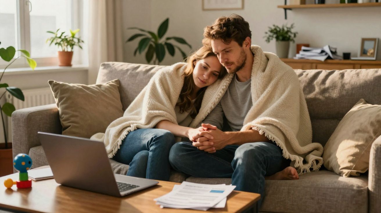 Casal abraçado sob um cobertor no sofá, olhando preocupado para documentos e laptop à frente.