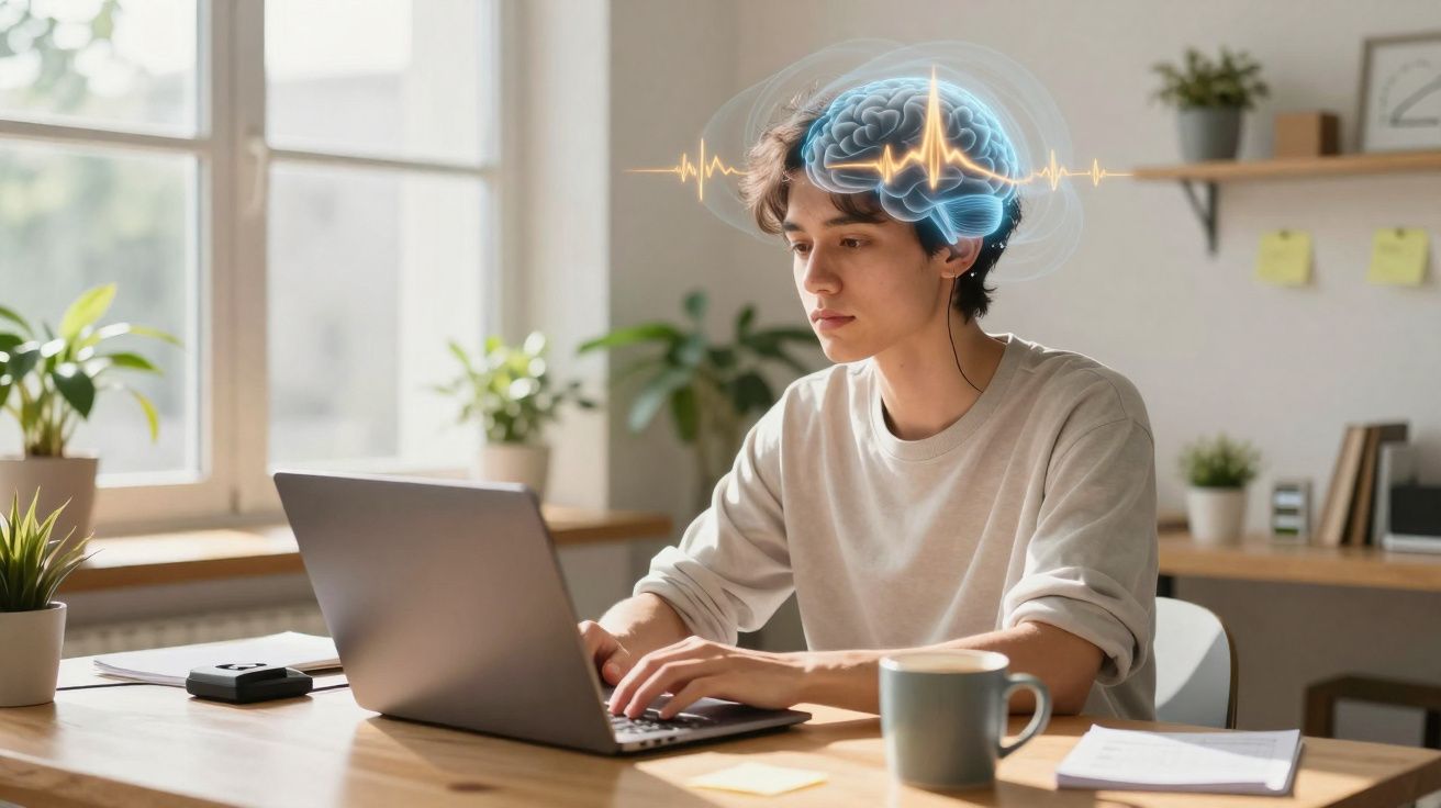 Jovem concentrado trabalhando em notebook, com ilustração digital de cérebro e ondas cerebrais acima da cabeça.