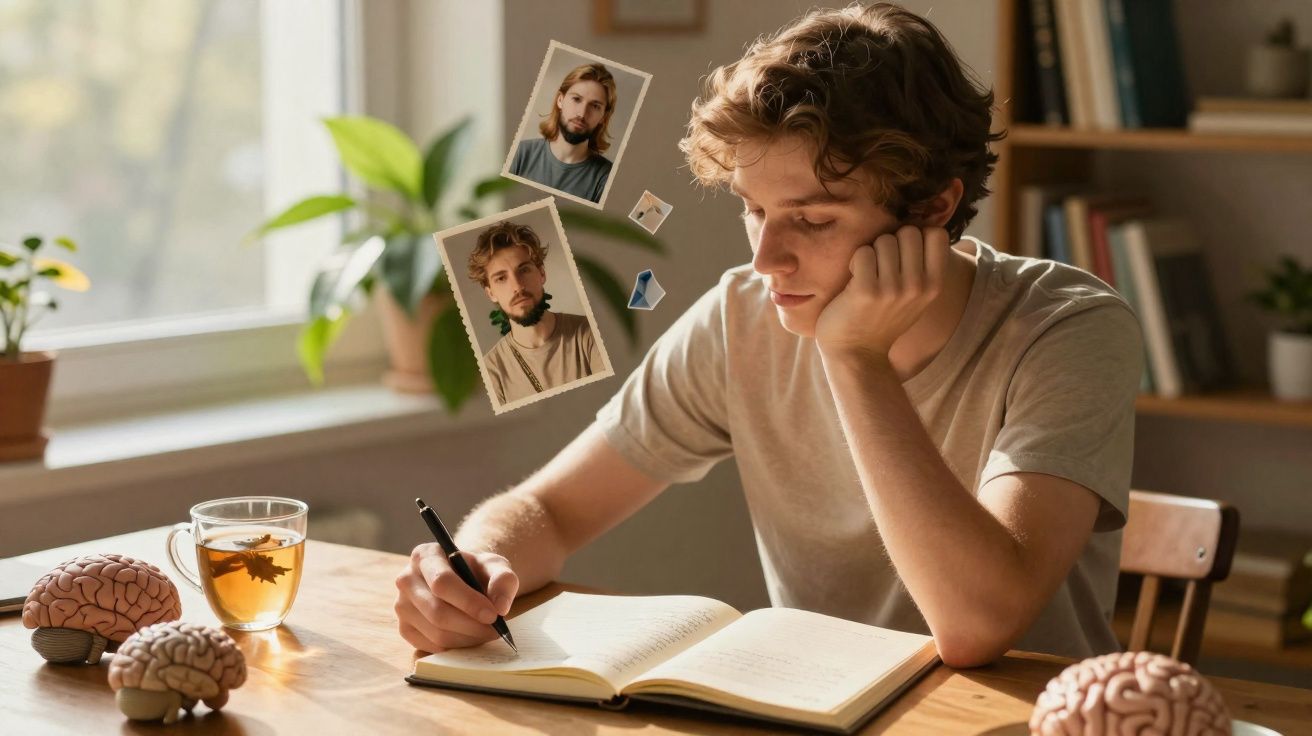 Jovem refletindo enquanto escreve em caderno, com fotos flutuantes e réplicas de cérebro sobre a mesa.