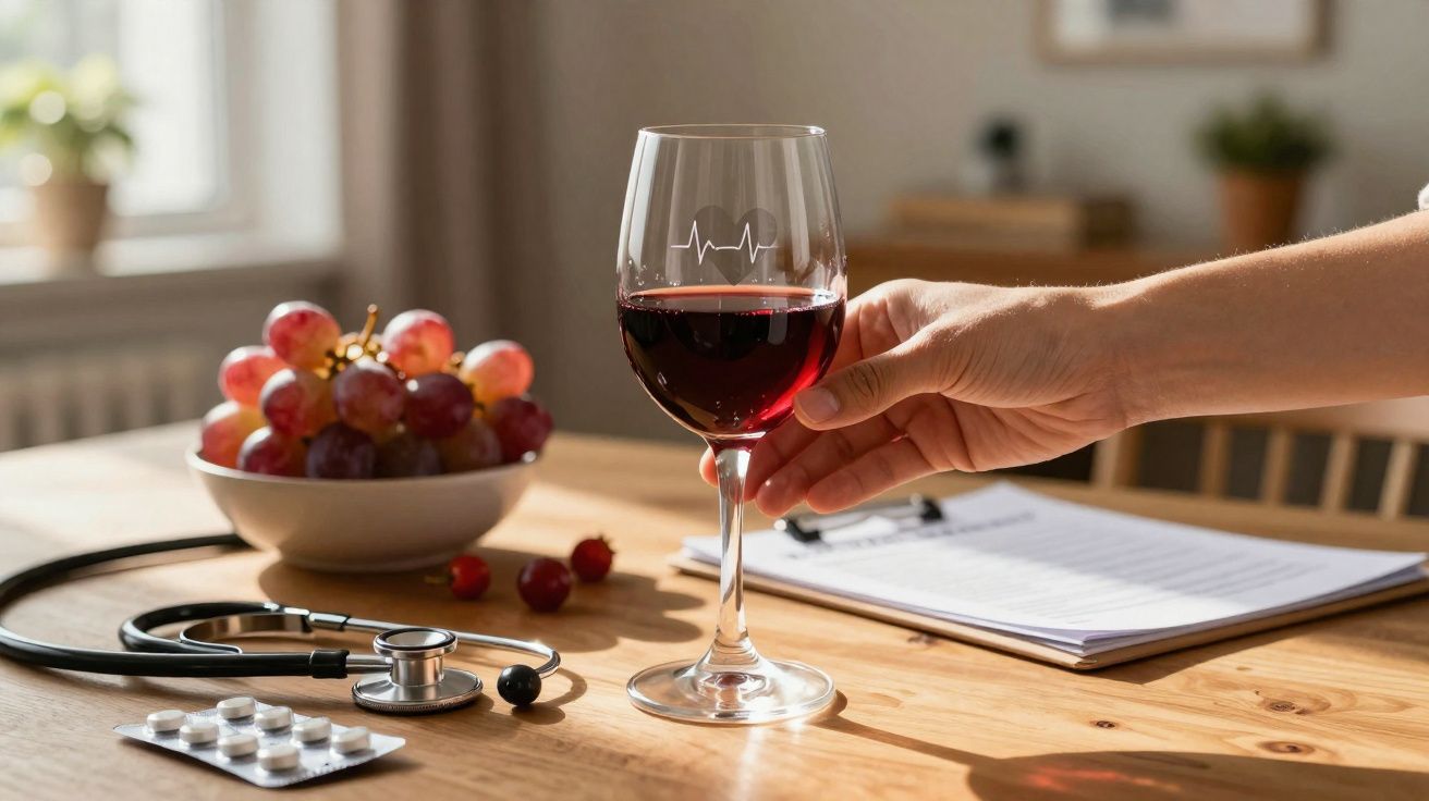 Mão segurando taça de vinho tinto com estetoscópio, remédios e uvas sobre mesa de madeira.
