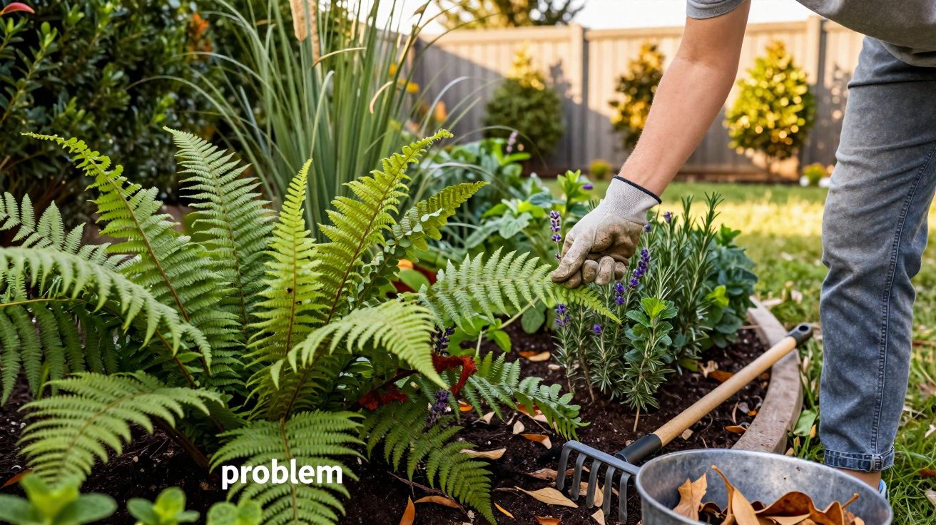 Pessoa cuidando de plantas em jardim com luvas, rastelo e balde com folhas secas.