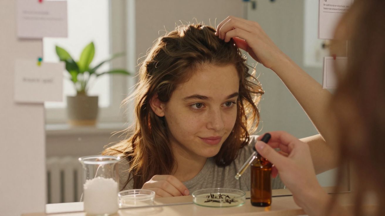 Mulher observando experimento com líquido em conta-gotas e placa de Petri sobre bancada.