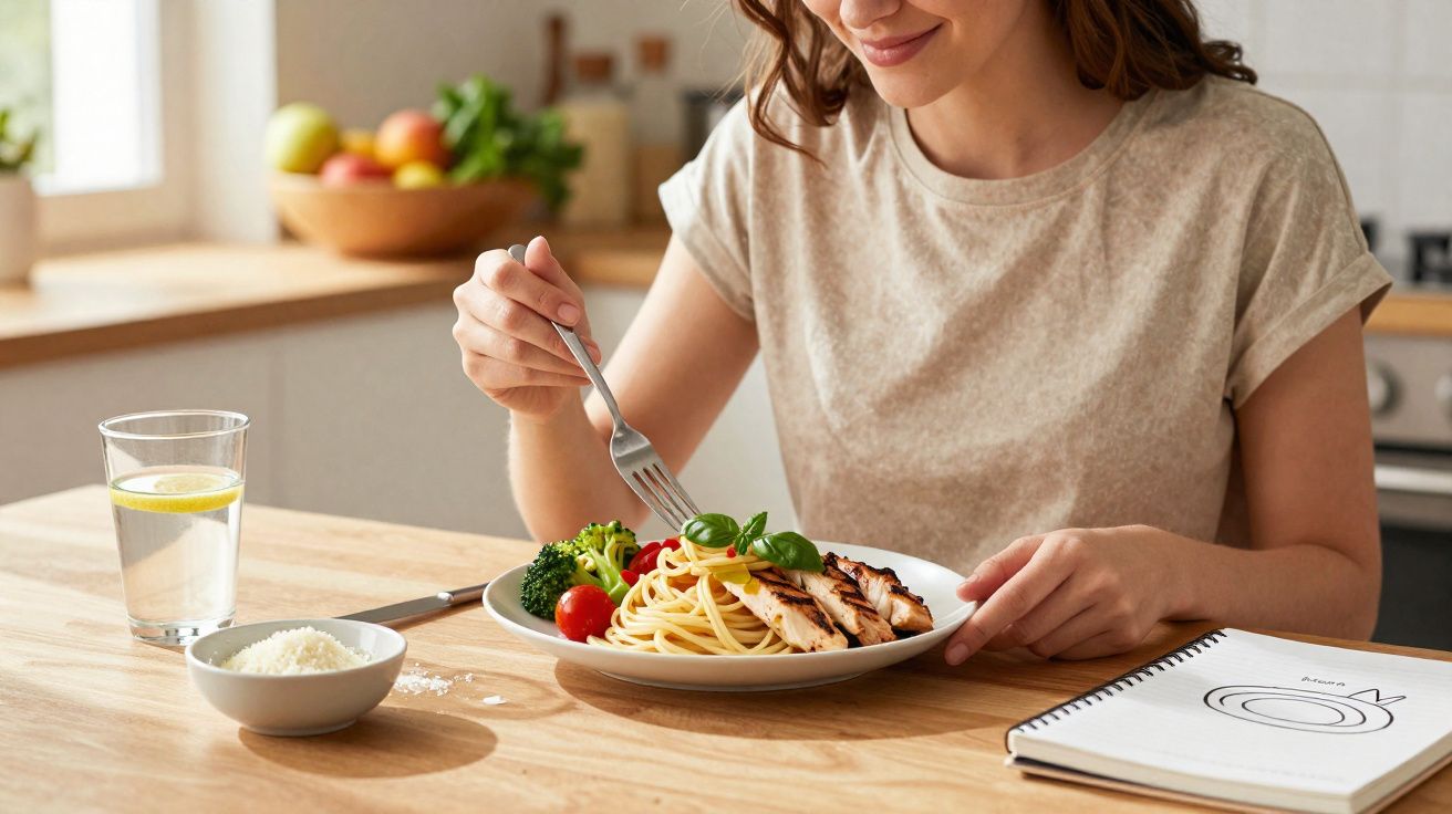 Mulher sorridente comendo prato de macarrão com frango, brócolis, tomate e manjericão, acompanhada de copo de água.