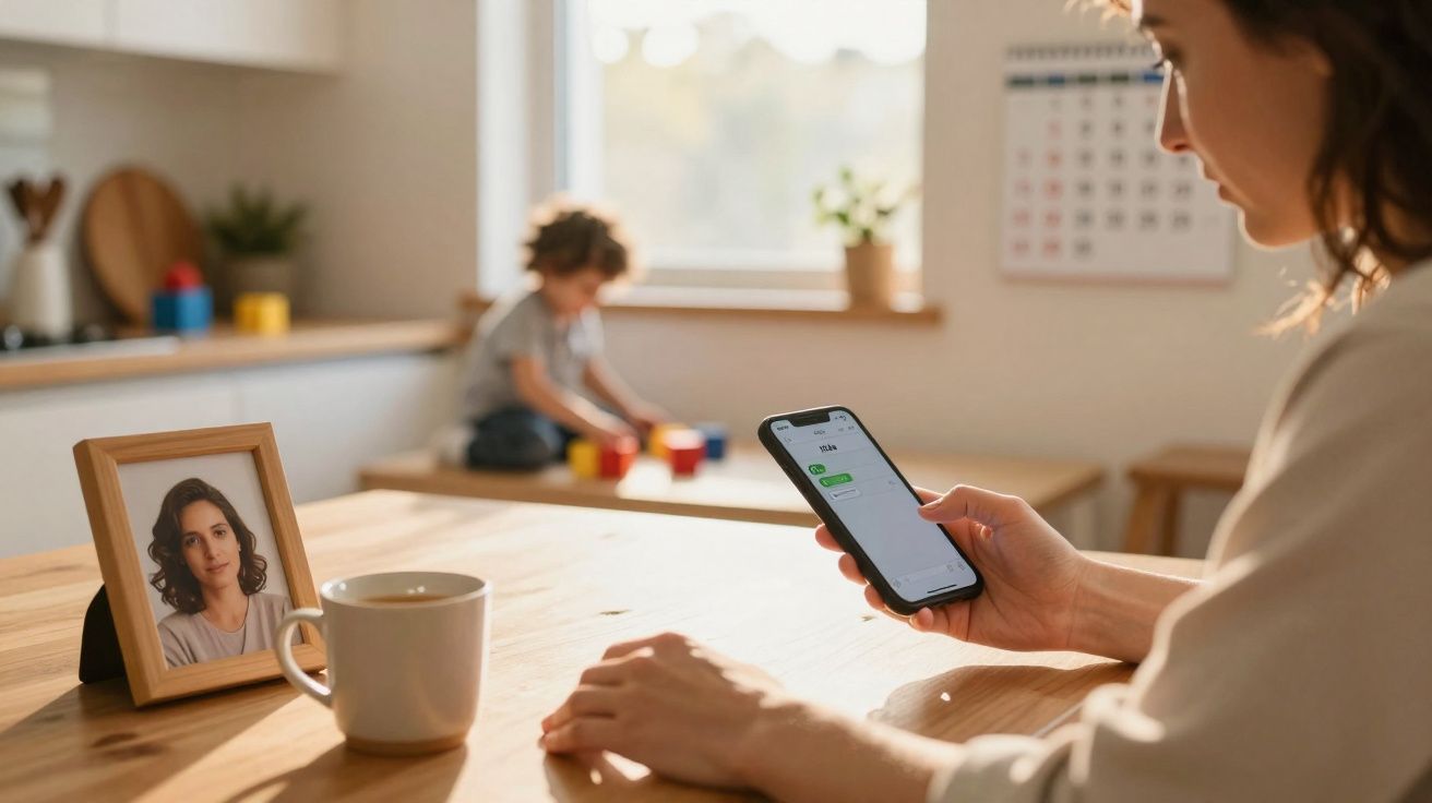 Mulher usando celular sentada à mesa com criança brincando ao fundo em cozinha iluminada pela luz natural.