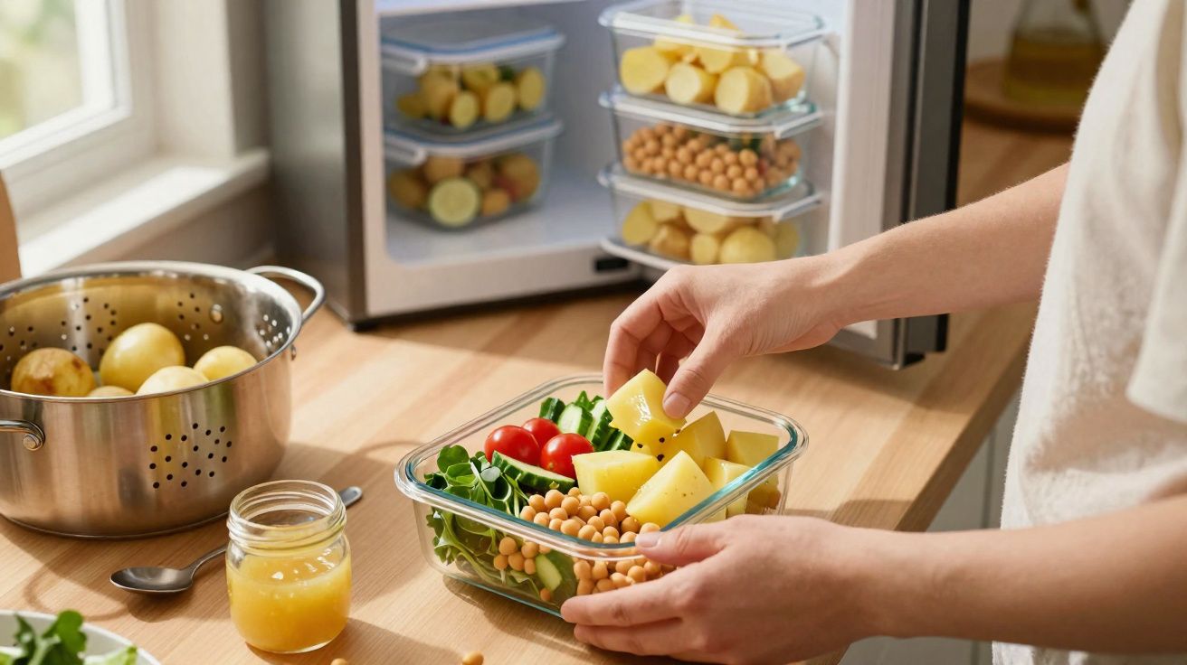 Pessoa preparando salada com grão-de-bico, tomates e batatas em potes de vidro na cozinha.