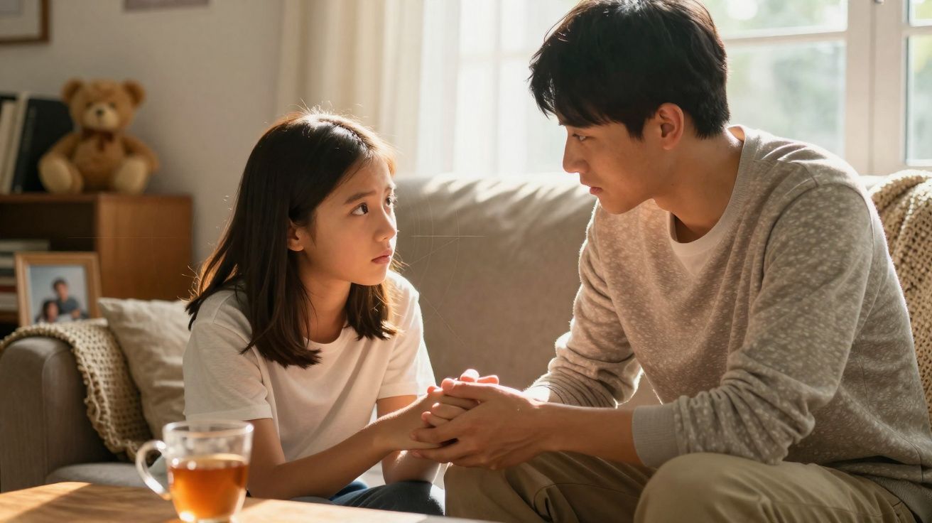 Homem conversa seriamente com menina enquanto seguram as mãos em sala de estar iluminada.