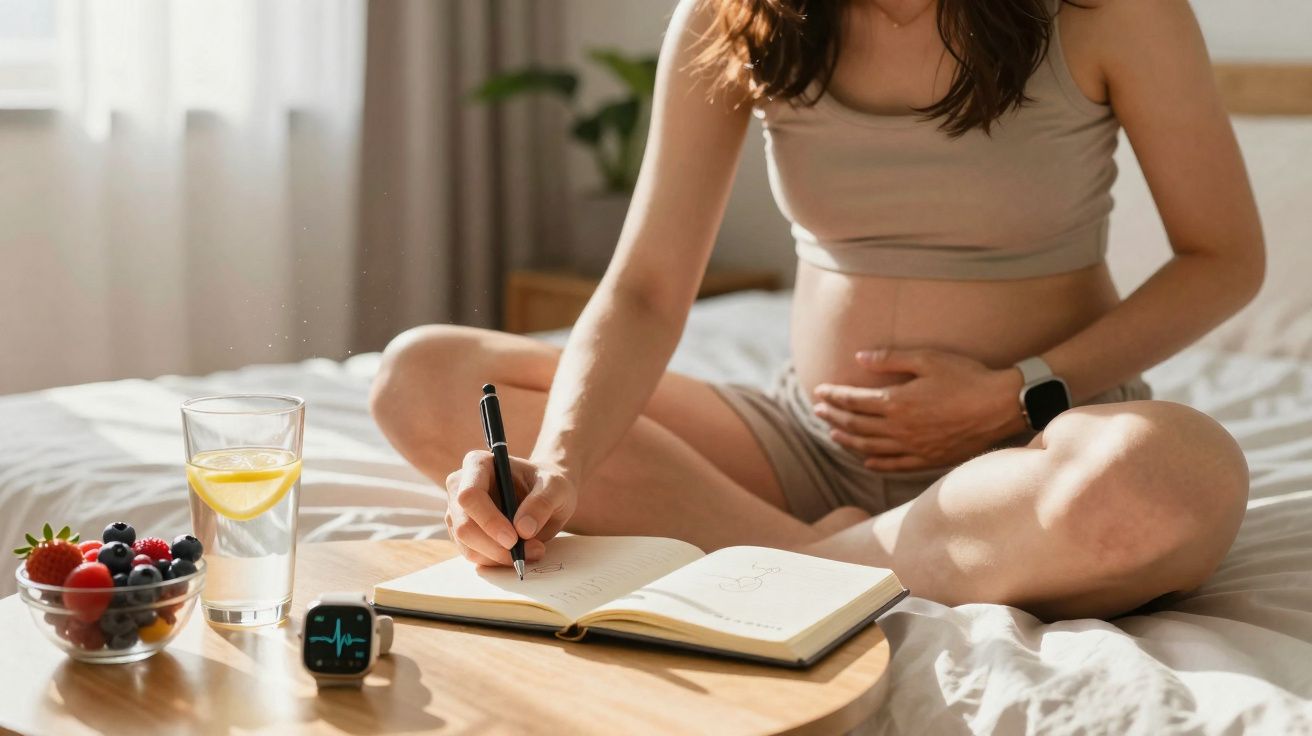 Mulher grávida sentada na cama escrevendo em um caderno com frutas e água ao lado.
