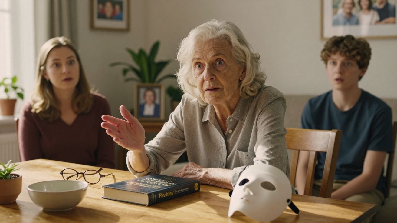 Mulher idosa falando à mesa com duas pessoas jovens ao fundo, livro e máscara branca sobre a mesa.