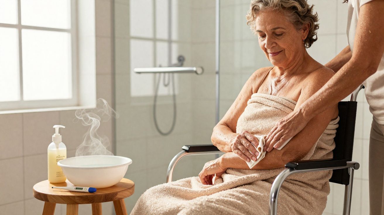 Idosa sentada em cadeira de rodas recebendo cuidados com vapor e toalha.