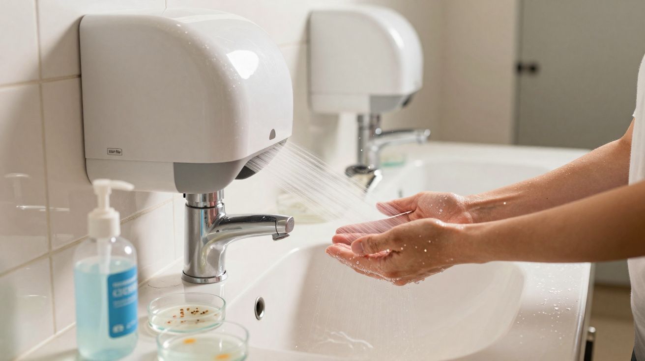 Pessoa secando as mãos com secador automático em banheiro com pia e sabonete líquido.