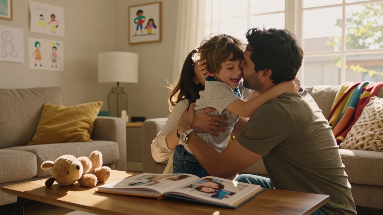 Pai e mãe abraçando filho pequeno em sala de estar aconchegante com álbum de fotos na mesa e brinquedo.