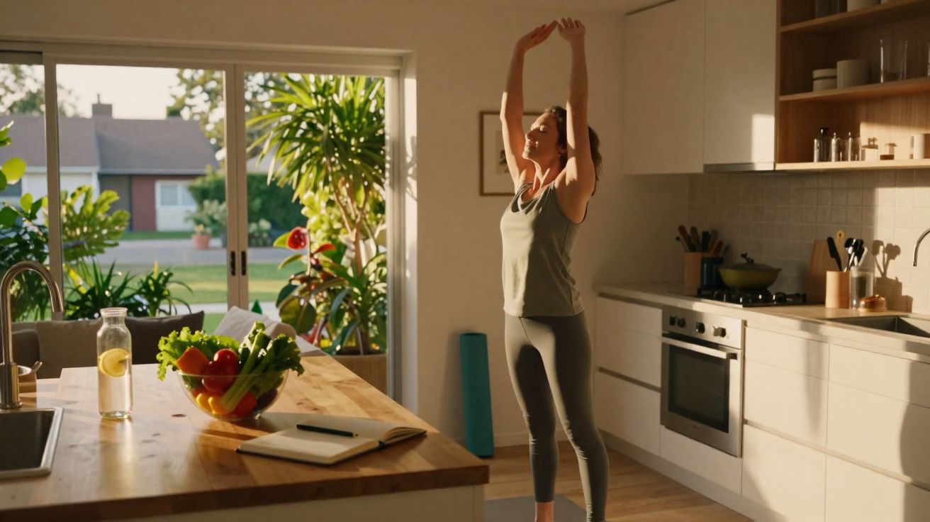 Mulher fazendo alongamento matinal na cozinha iluminada, com frutas e legumes na bancada.