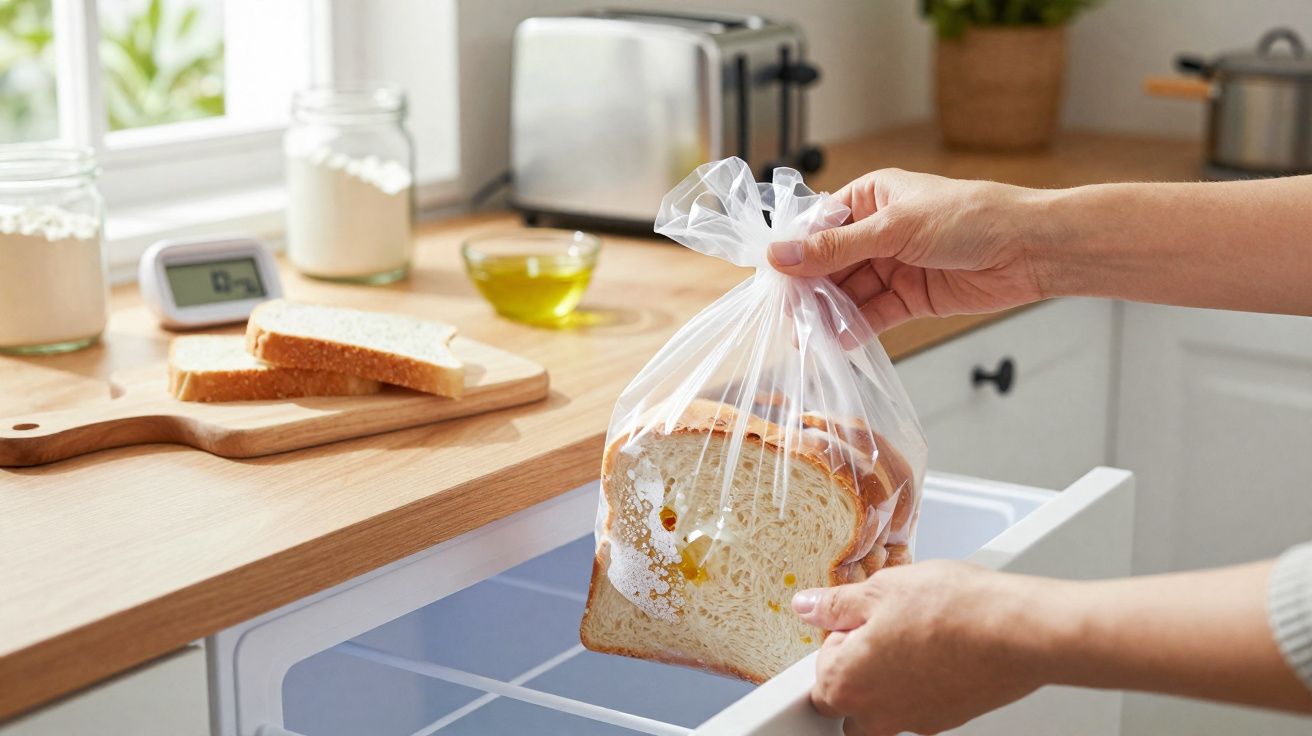 Mãos guardando pão fatiado em saco plástico dentro do freezer em uma cozinha iluminada.