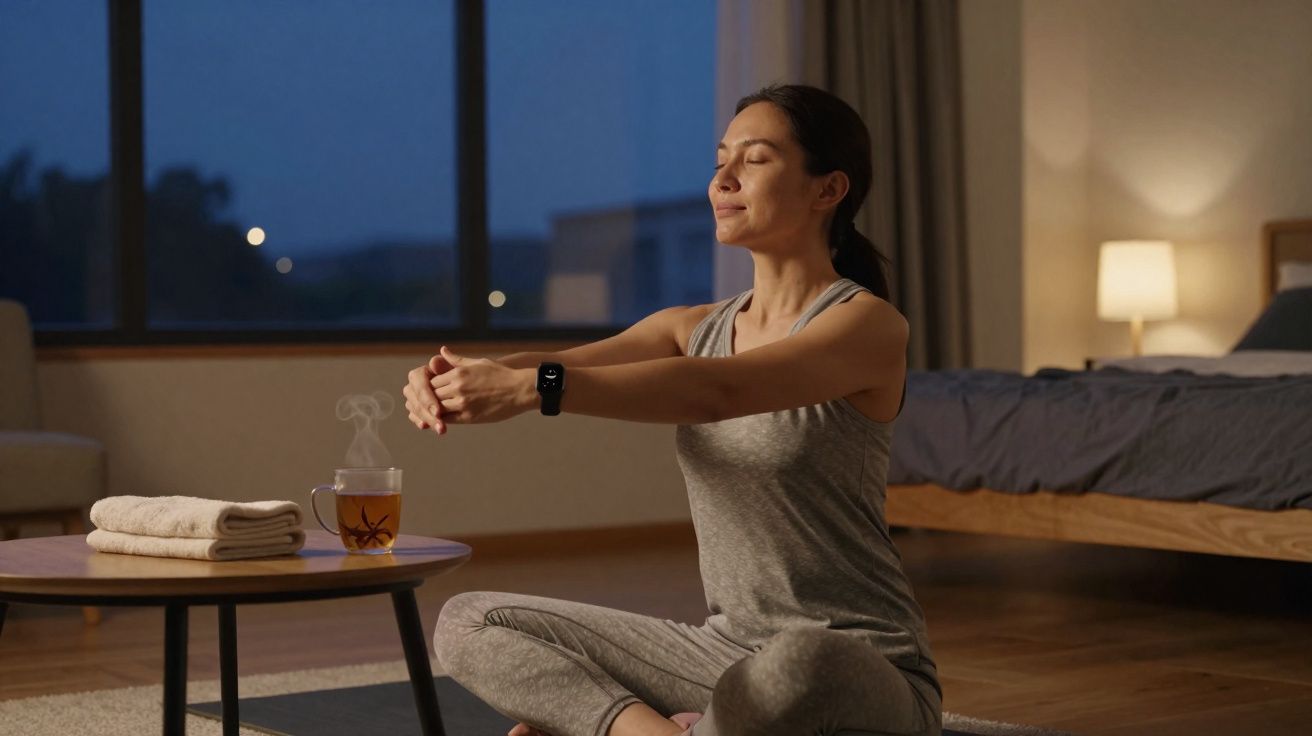 Mulher praticando meditação em casa à noite, sentada no tapete com xícara de chá ao lado.