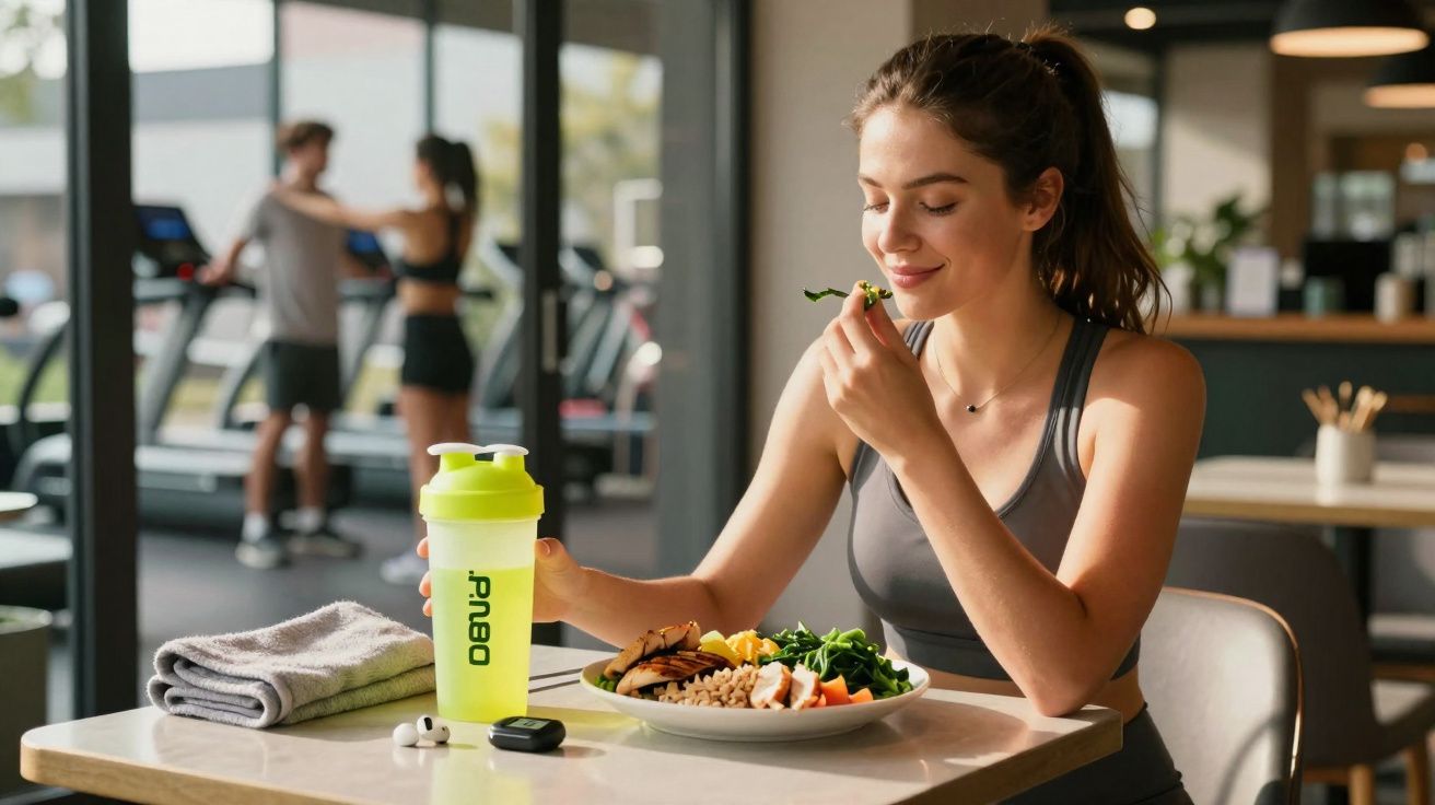 Mulher em roupa esportiva comendo salada e segurando copo em mesa de academia.